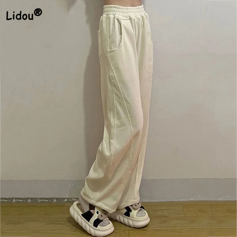 

Autumn Female Korean Chenille Wide Leg Trousers All-match Corduroy Stripe Elastic High Waist Pockets Straight Sports Pants Trend