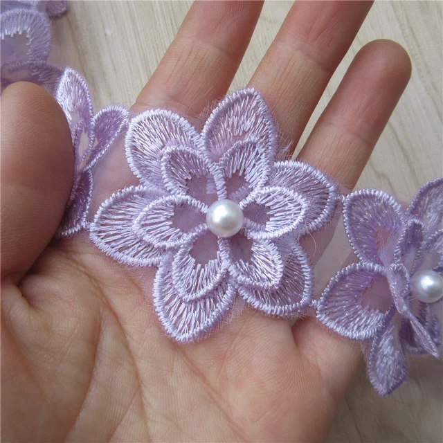 10pc Gray Pearl Chiffon Beaded Flower Lace Trim - 6cm Embroidered Ribbon For Sewing, DIY Crafts, Wedding Decor