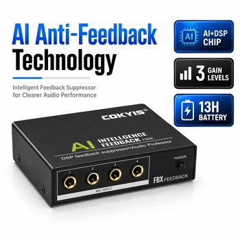 Mini Processore AI DSP Anti-Feedback per Microfono, 2 Ingressi, Controllo Guadagno a 3 Livelli, Eliminatore di Feedback Audio Ricaricabile FB06
