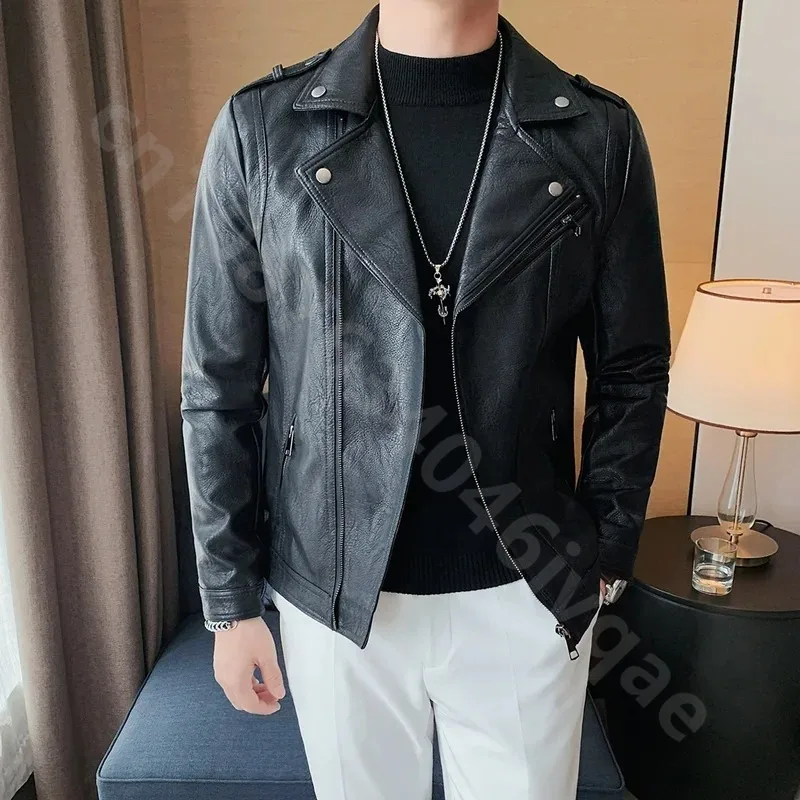 남성용 오토바이 라이딩 고품질 인조 가죽 재킷 빈티지 사선 지퍼 슬림 아우터 남성 가을 겨울 PU 코트