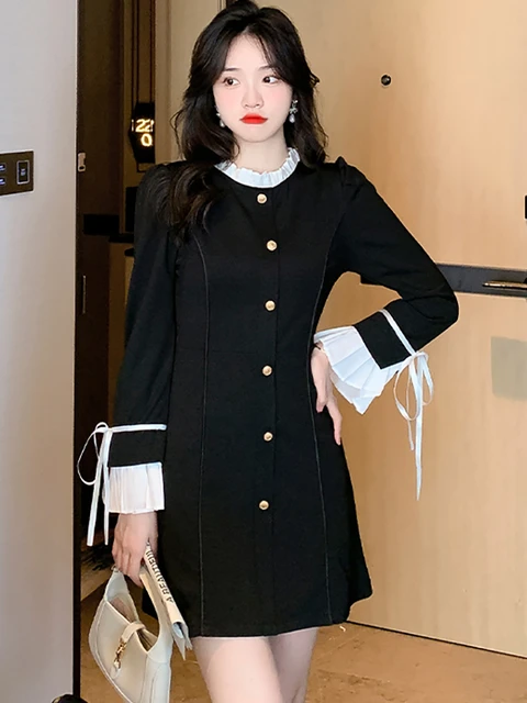 Women Korean Fashion Elegant Casual Short Dress Spring Long Sleeve