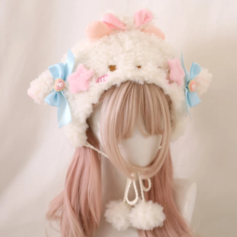 

Autumn Winter Lolita Plush Hat Sweet Cute Bowknot Cartoon Sheep Soft Lei Feng Ear Protector Women Korean Harajuku Y2k Warm Cap