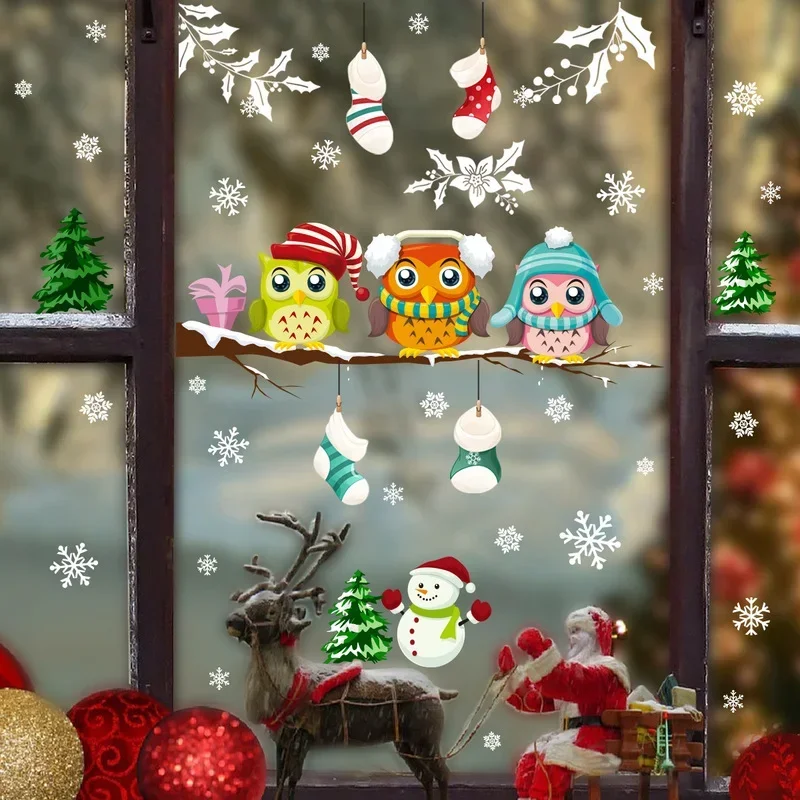 New Electrostatic Glass Stickers Christmas Tree Branch Owl Snowflake Living Room Bedroom Window Decoration Wall Stickers