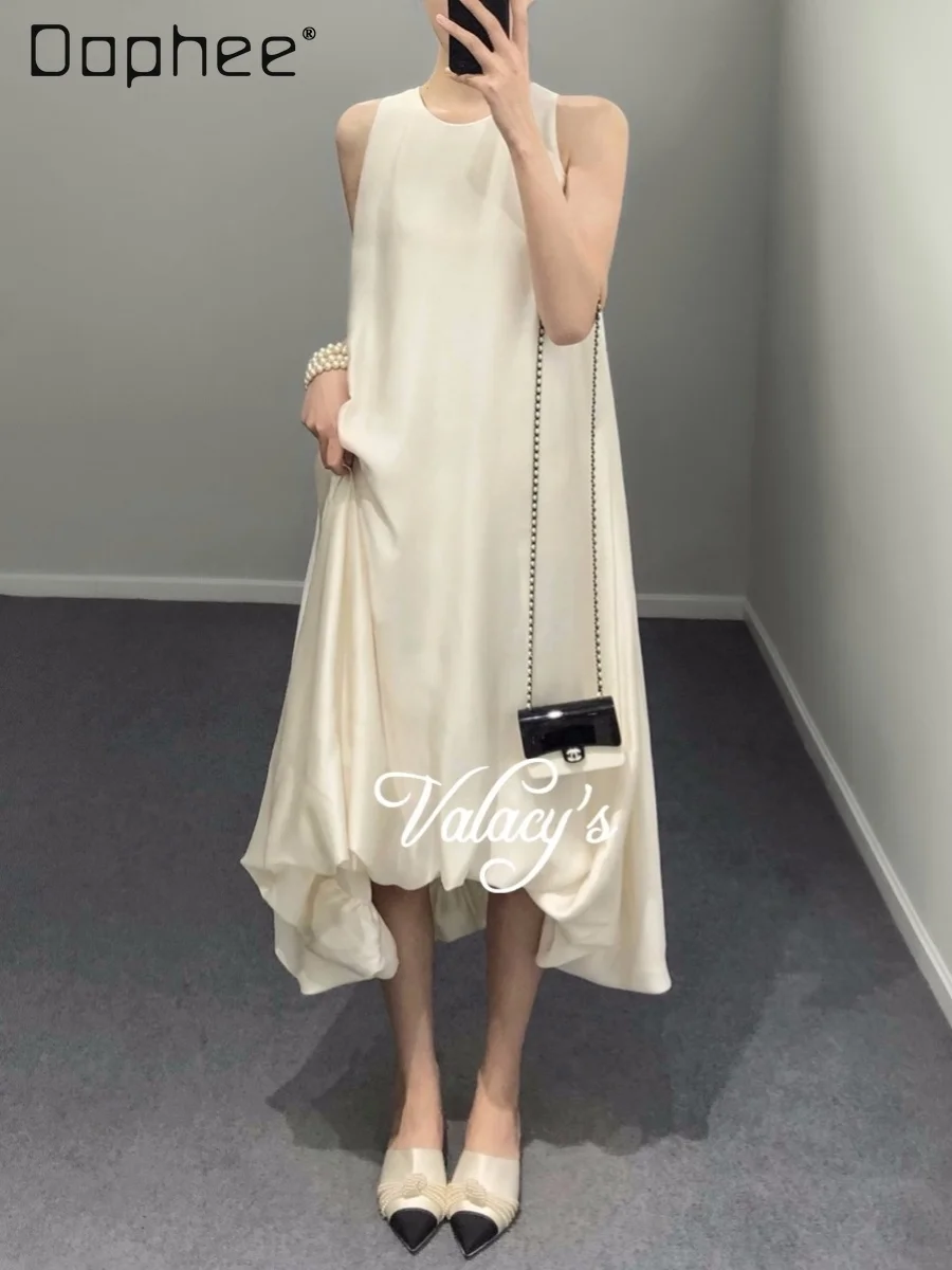 

Loose Irregular Bubble Puffy Hem Midi Dress Female 2024 Summer New Elegant Sleeveless Round Neck White Satin Dresses for Women