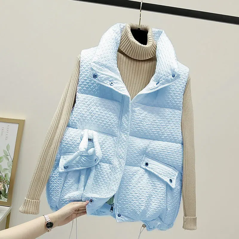 

2023 Women's Autumn Winter Down Cotton Vest Fashion Stand Collar Sleeveless Warm Vests Outerwear Loose Casual Bread Waistcoat