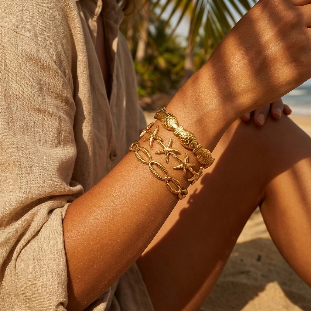 Sommerlicher Ozean-Stil Fisch Muschel Seestern Manschetten-Armreif für Damen Goldfarben Edelstahl Armband Ästhetischer Party-Schmuck – Detail 2
