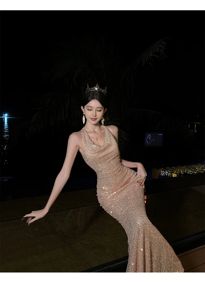 Sexy Bodycon Long Dresses for Women Halter Sleeveless Backless Evening Party Dress Sequined Prom Robe Summer Maxi Vestido Mujer