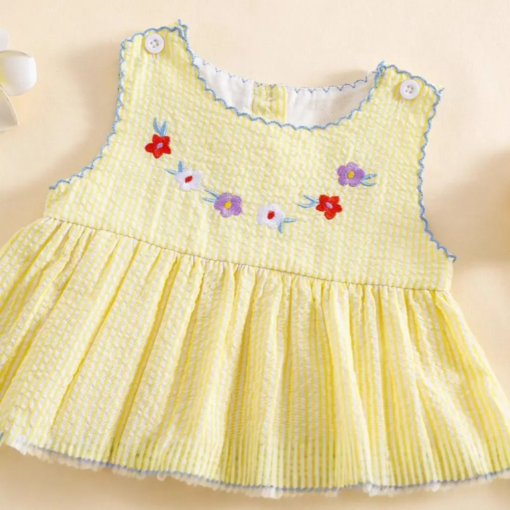Sleeveless Design Baby Girl Romper Dress Yellow Gingham Duck Print Princess Dress Cotton Material Floral Embroidery