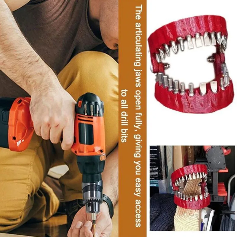 Denture Drill Bit Holder With 28 Bits - 1/4 Inch Hex Bit Organizer, Fun Teeth Model Tool Storage (Red)