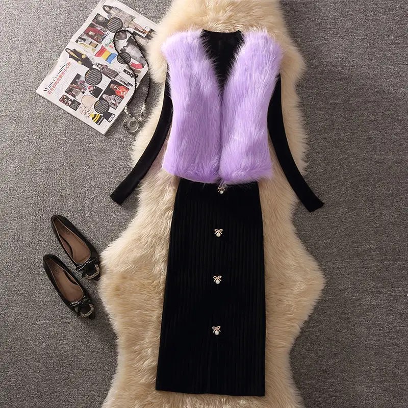 

One Piece/Suit Women's Fashion Celebrity Temperament Small Fragrance Fur Vest Knitted Shirt Wrapped Hip Skirt Three Piece Set