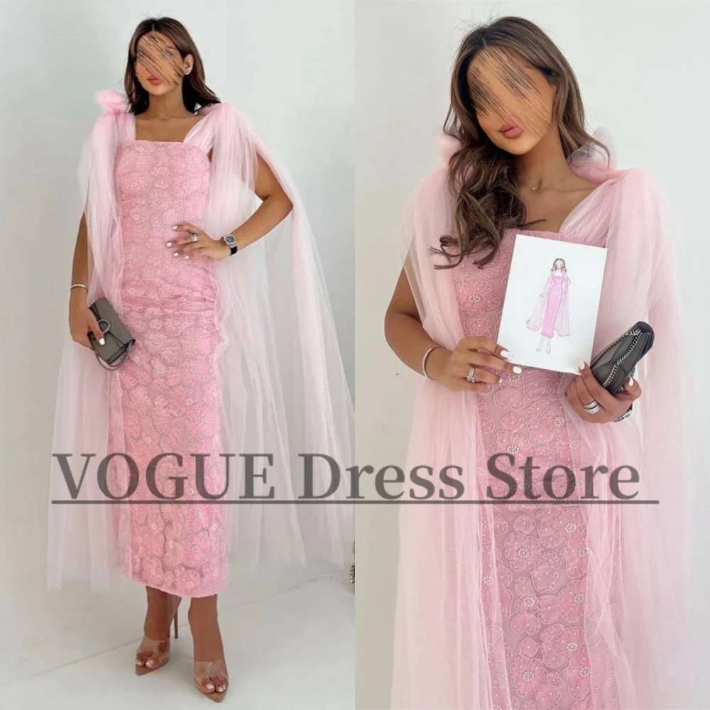 

VD Elegant Long Pink Appliques Prom Dresses for Women Square Collar Florals Sheath Evening Dress for Teens vestido de gala
