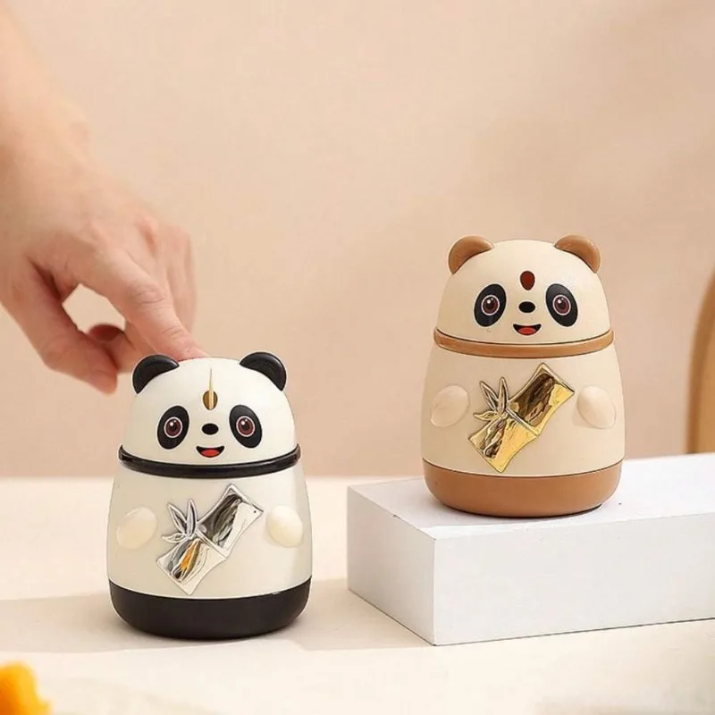 Large Capacity Automatic Panda Toothpick Dispenser Portable Bamboo Organizer with Dustproof Cover Cartoon Design for Kitchen Use
