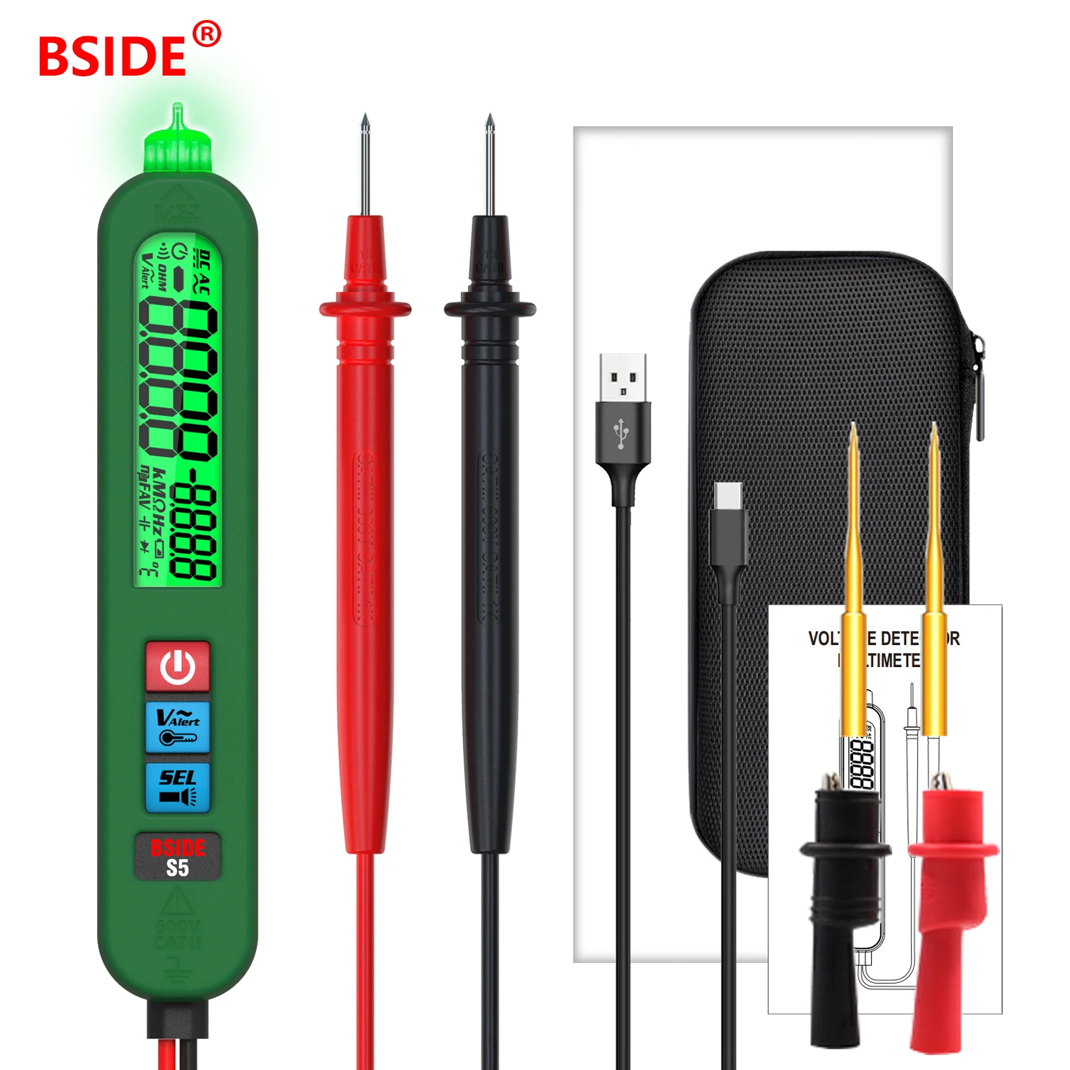 BSIDE USB Charge AC DC Smart Voltage Tester Auto Range Multimeter Digital T-RMS Resistance Diode Hz NCV Live Continuity Meter S5 image 8