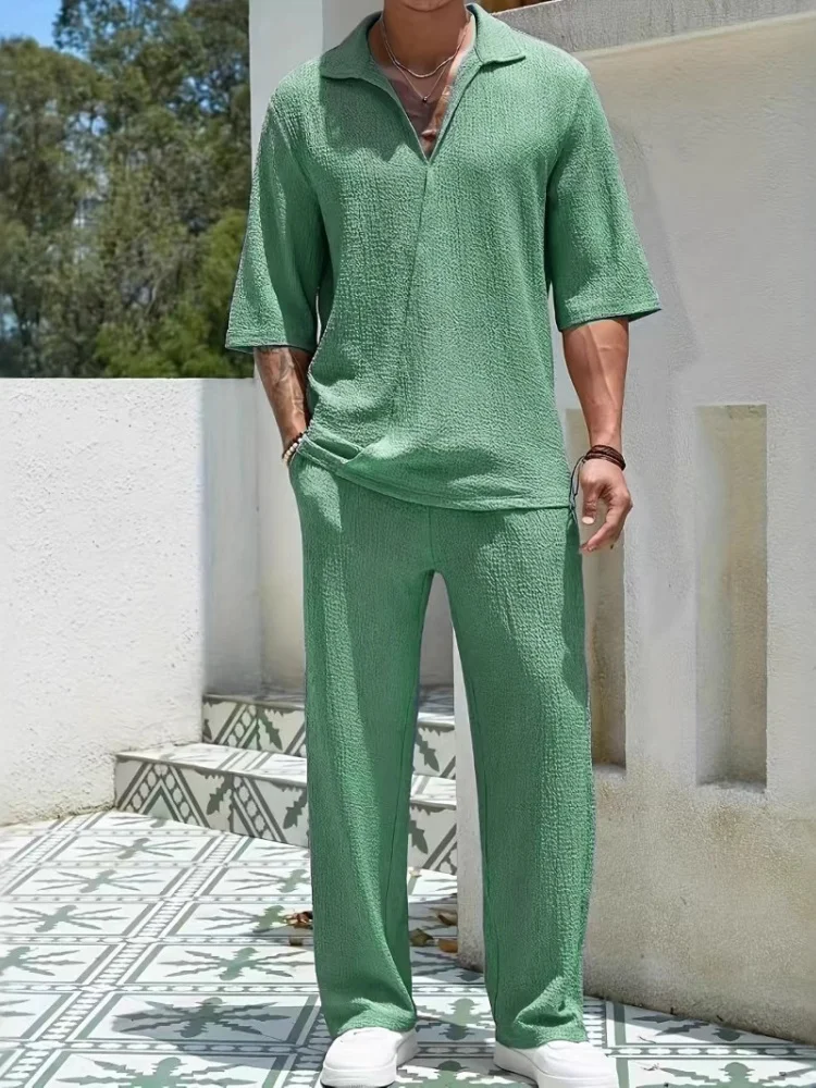 2025 New Spring summer Men's retro casual suit collar solid color half-sleeved shirt loose drawstring pants Two-piece beach Suit 5