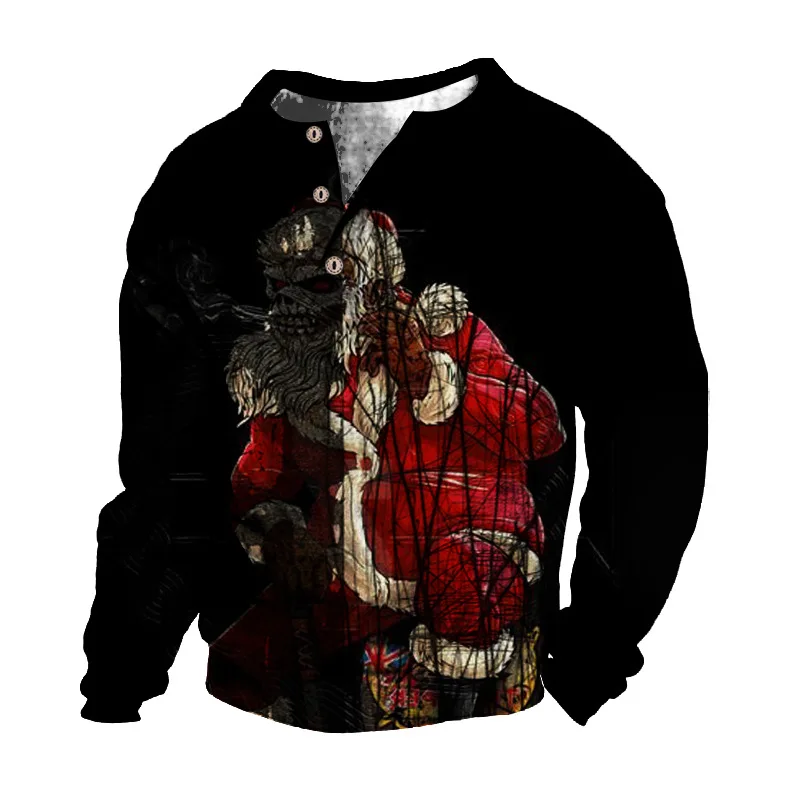 

Christmas T-shirt For Men With Button Cotton T Shirt Dark Santa Claus Graphic Printed Long Sleeve Tee Oversized Man Clothing Top