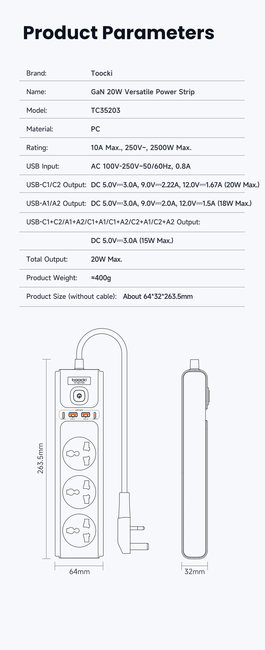 PD20W GaN Versatile Power Strip 2500W Max Universal 3AC Outlet Sa6cb4d20b38a450785064eccc6d71e68b