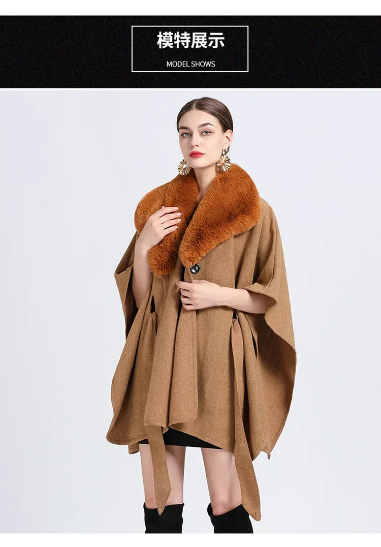 Description Picture 3 of item5 Colors Women Cardigan Triangle Neck Belt Out Streetwear Loose Cloak Winter Warm Woolen Poncho Cappa Faux Rabbit Fur Shawl Coat