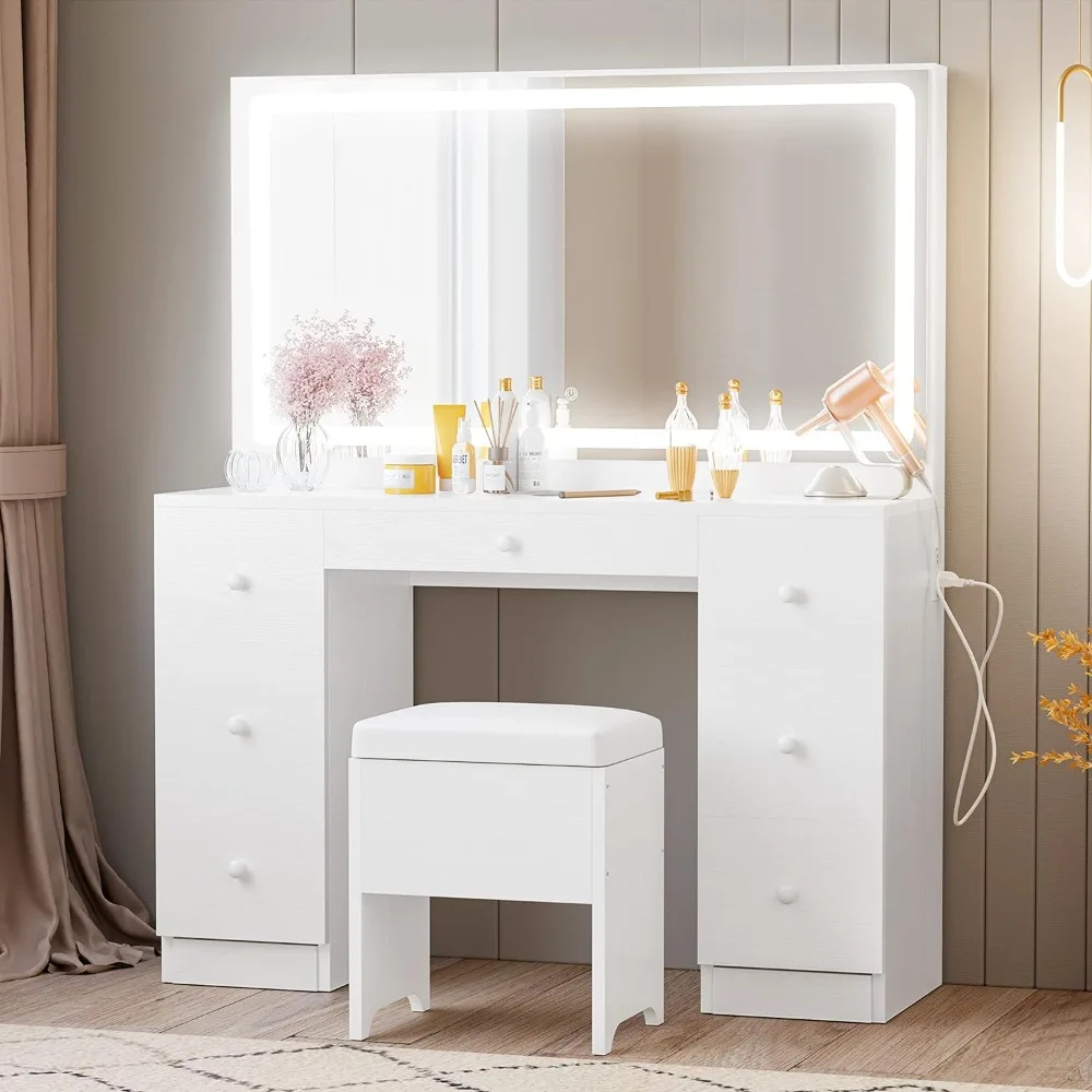 

IRONCK Vanity Desk Set with LED Lighted Mirror & Power Outlet, 7 Drawers Makeup Vanities Dressing Table with Stool, for Bedroom