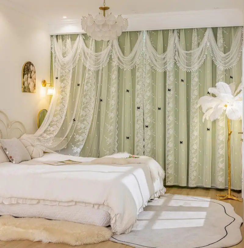 High-end-Stoff Garn Doppel-schicht Volle Schattierung Vorhang Prinzessin Mädchen Schlafzimmer Wohnzimmer Spitze Erker Fenster Balkon tür Vorhänge – Detail 34