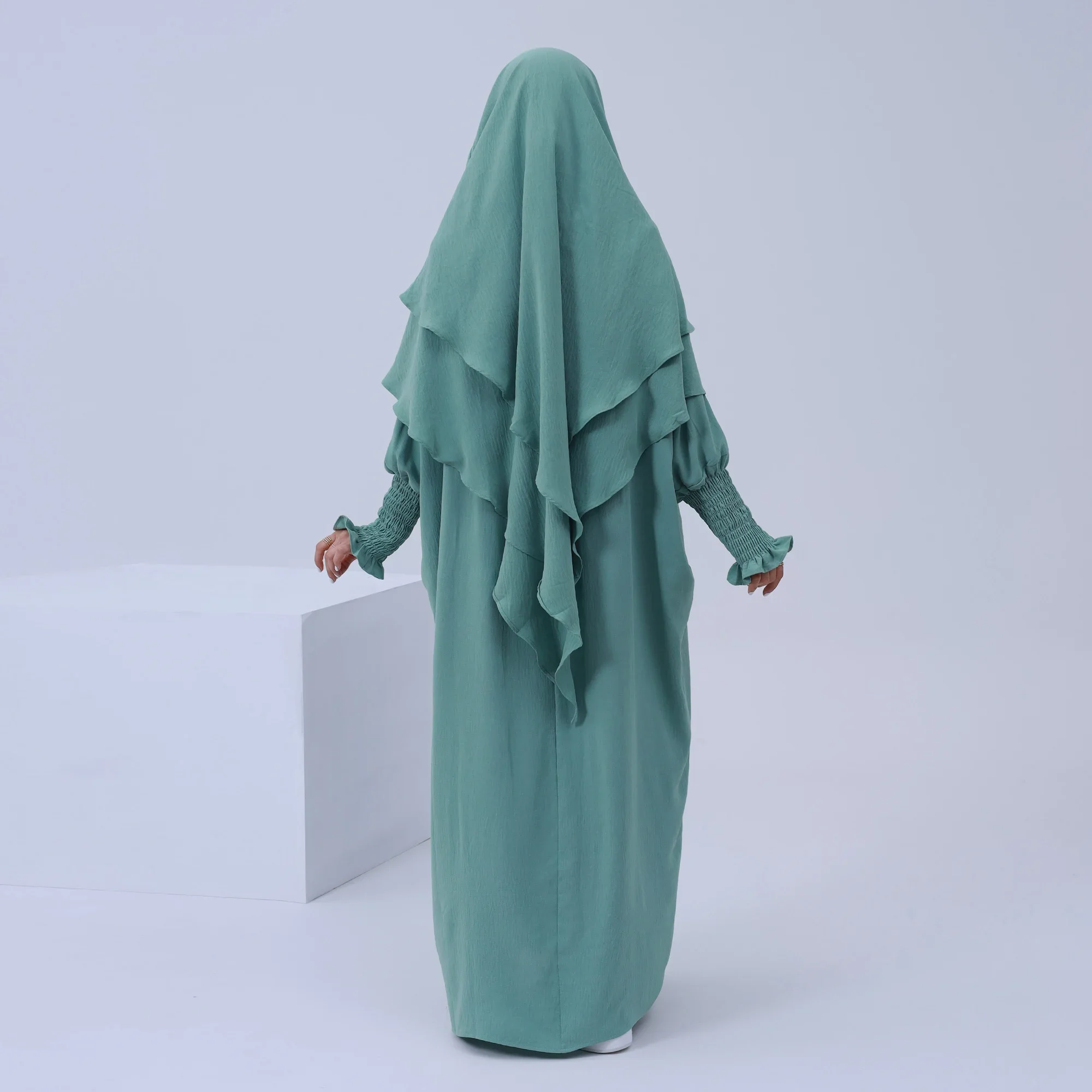 2 Piece Abaya Khimar Set Dubai Islam Prayer Clothes Women Zipper Front Dress + 2 Layer Hijab Scarf Muslim Jilbab Outfits Ramadan