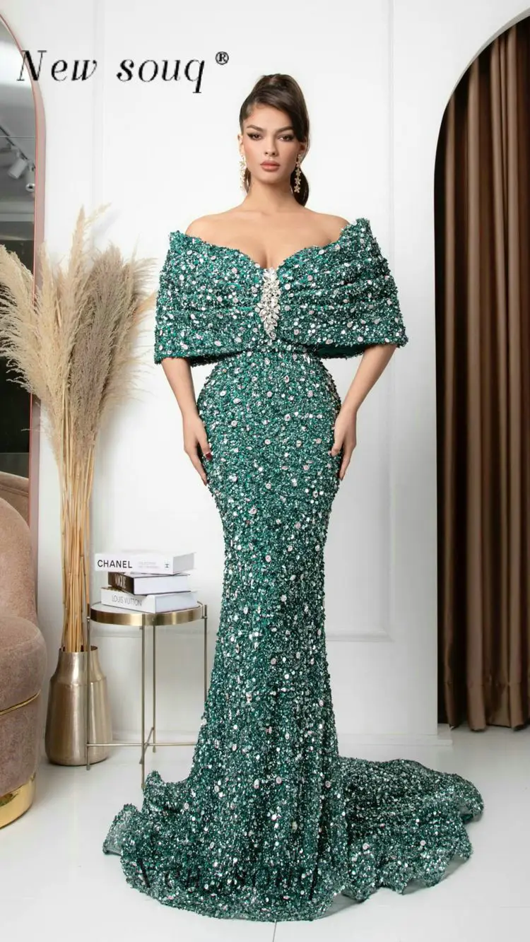 Elegant Off the Shoulder Long Green Evening Dresses Shine Sequins Mermaid  Women Wedding Guest Wear Gowns Prom Night Party Robes