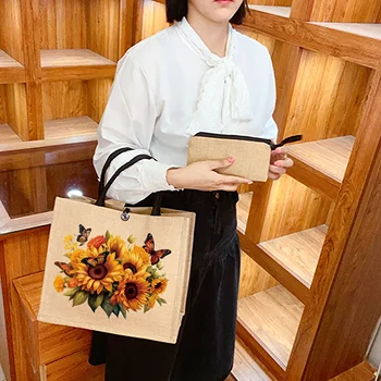 مجموعة حقائب يد مطبوعة بنمط عباد الشمس مكونة من قطعتين، حقائب يد خفيفة الوزن مع محفظة للعملات المعدنية، مناسبة للتسوق والسفر 6