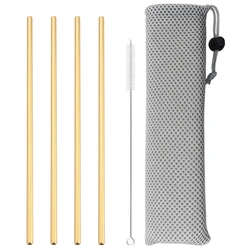 Elegant Black Reusable Stainless Steel Straw Set - 5 Piece Home Bar Accessory with Cleaning Brush and Carry Bag (Gold)