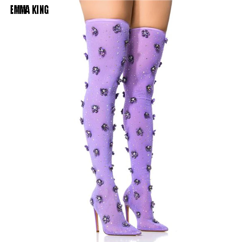 

Sexy Purple Stretch Sock Boots Woman Autumn 2023 Pointed Toe High Heel Over The Knee Boots Fashion Crystal Shoes for Women 44