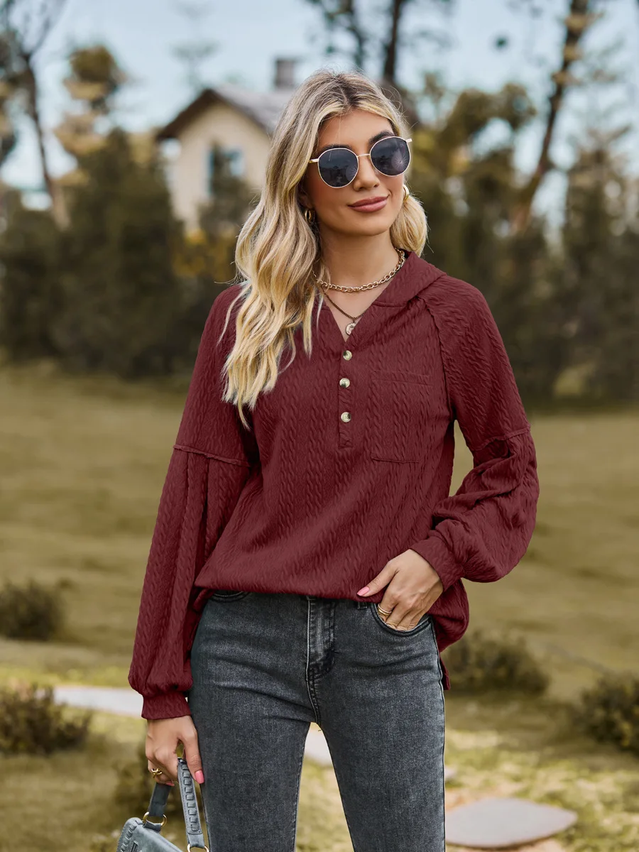 Fall/Winter 2023 New Solid Color Pocket Long Sleeve Loose Hooded Sweatshirt Woman
