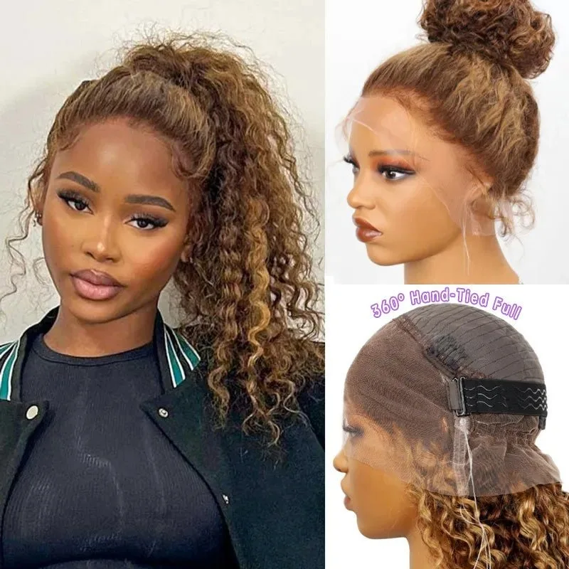 Lace Front Wig 200D 360 Human Hair 4/27 Deep Wave Ombre Highlight Free Part Pre-Plucked