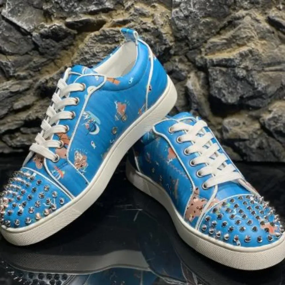 

Luxury Designer Blue Animal Print Red Bottoms Low Top Rivets Shoes For Men's Casual Flats Loafers Women's Summer Spikes Sneakers