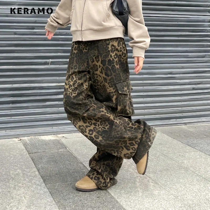 

American Vintage High Waist Grunge Pockets Jeans Women's Casual 2000s Pants Baggy Y2K Wide Leg Leopard Print Denim Trouser