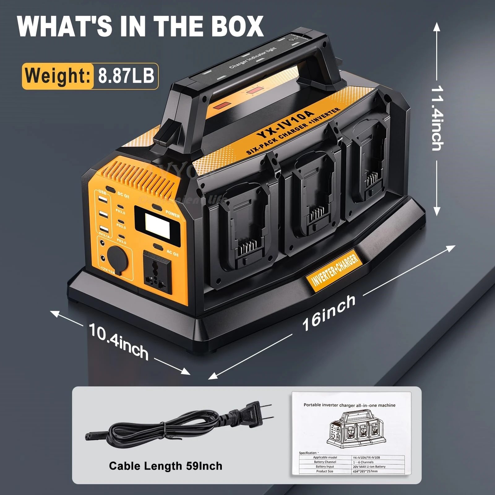 1200W Portable Inverter Battery Charger 2-in-1 for DeWalt 20V Battery 6A Rapid C