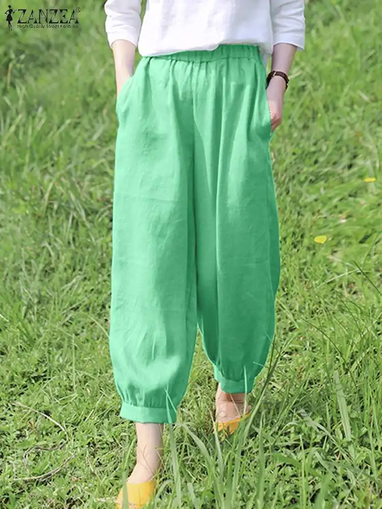 

ZANZEA Vintage Elastic Waist Pants Women Solid Long Pants 2024 Summer Retro Baggy Bloomers Casual Loose Pocket Harem Trousers