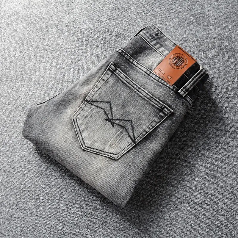 Fashion Vintage Men Jeans High Quality Retro Black Gray Stretch Slim Fit Ripped Jeans Men Designer Trousers Denim Pants Hombre