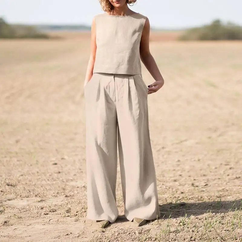Women's Suit 2025 Women's Solid Color Retro Pants Suit Cotton and Linen Casual Long Sleeve Loose Cotton Suit 2 Piece Set 4