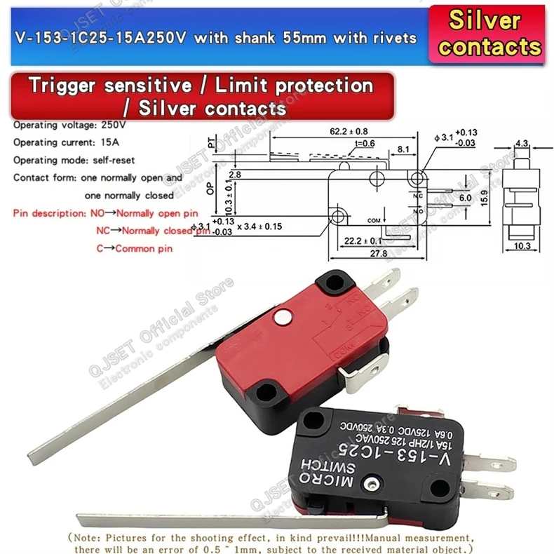 1PCS 15A250VAC SPDT Momentary Reise Grenze Micro Schalter 1NO1NC 3-Pin Hebel Roller V-15 -151-152-153-154-155-156-1C25 Mikroschalter – Detail 6