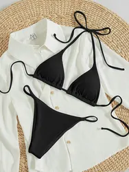 Elegant Solid Halter Bikini Set with High-Waisted Lace-Up Design - M (Black)