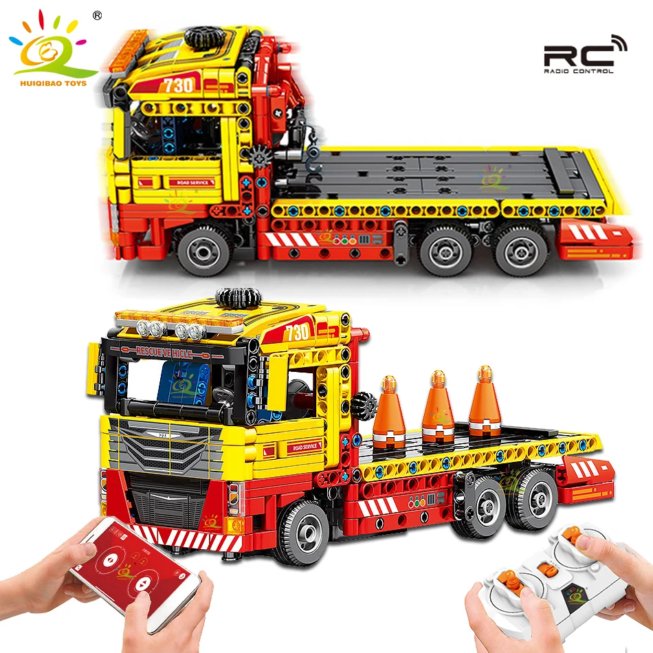 

HUIQIBAO 785pcs RC Rescue Vehicle Flatbed Car Building Blocks Engineering Truck Tech Bricks City Construction Toys for Children