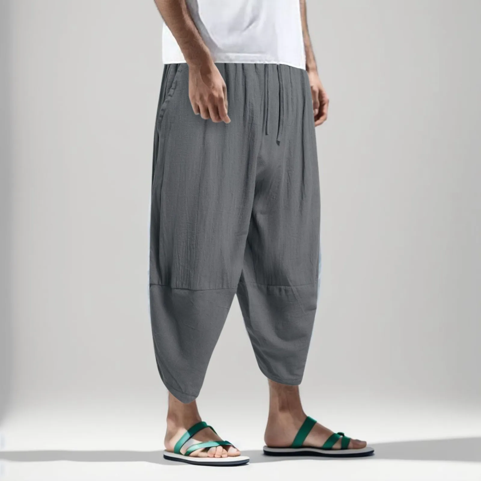

Men'S Harem Pants Casual Work Pants Baggy Hippie Pants Cotton Linen Pants Pocket Baggy Loose Pants Beachwear Cropped Trouser