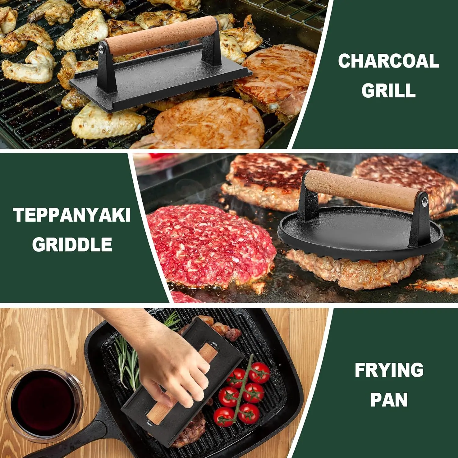 Burger Press Round & Rectangle Heavy Duty Cast Iron Grill Press with Wood Handle Smash Burger Press 1PCS