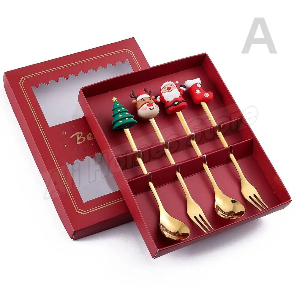 Description Picture 6 of item4PCS Christmas Spoons Fork Set Christmas Cutlery Set Elk Dessert Scoop Fruit Fork Coffee Spoon Stainless Steel Dessert Fork Set
