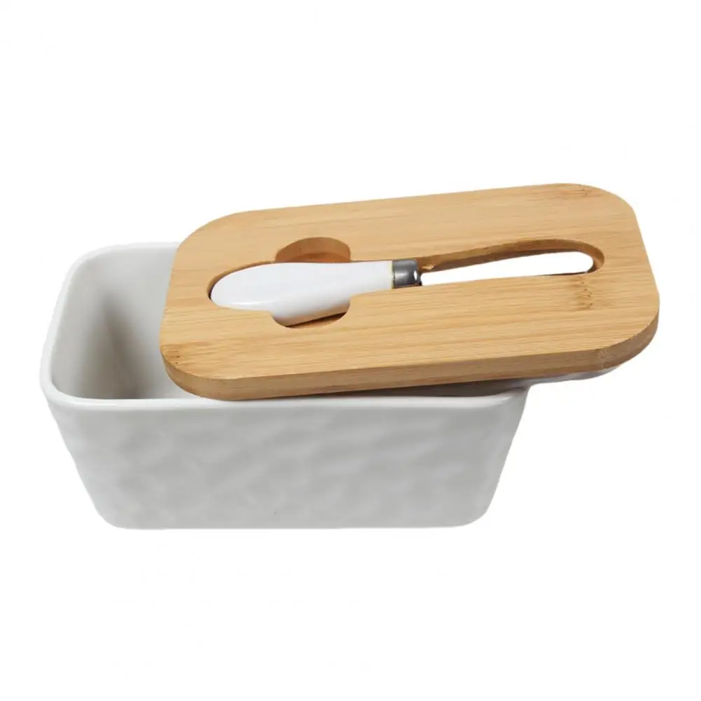 Fridge Butter Container Easy to Clean Butter Dish Elegant Ceramics Dish with Wooden Lid Stainless Steel for Kitchen