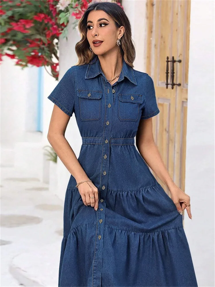 Wmstar Denim Dress Women Casual Button Bodycon Pockets Lapel Long Dresses Fashion Streetwear Wholesale Dropshipping New Style