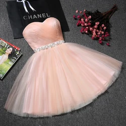 Crystal Pink Short Bridesmaid Dresses Princess Blue Grey Champagne White Mesh Tulle Net Lace Up Lady Girl Banquet Party Gown