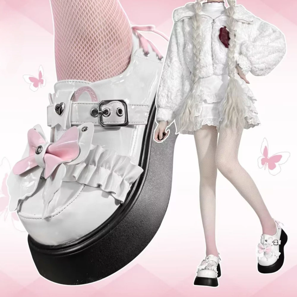 Lolita Pump Shoes Sweet Cool Hot Girl Punk Thick Bottom Round Head Bow Paltform JK Uniform Shoes Female Casual High Heels