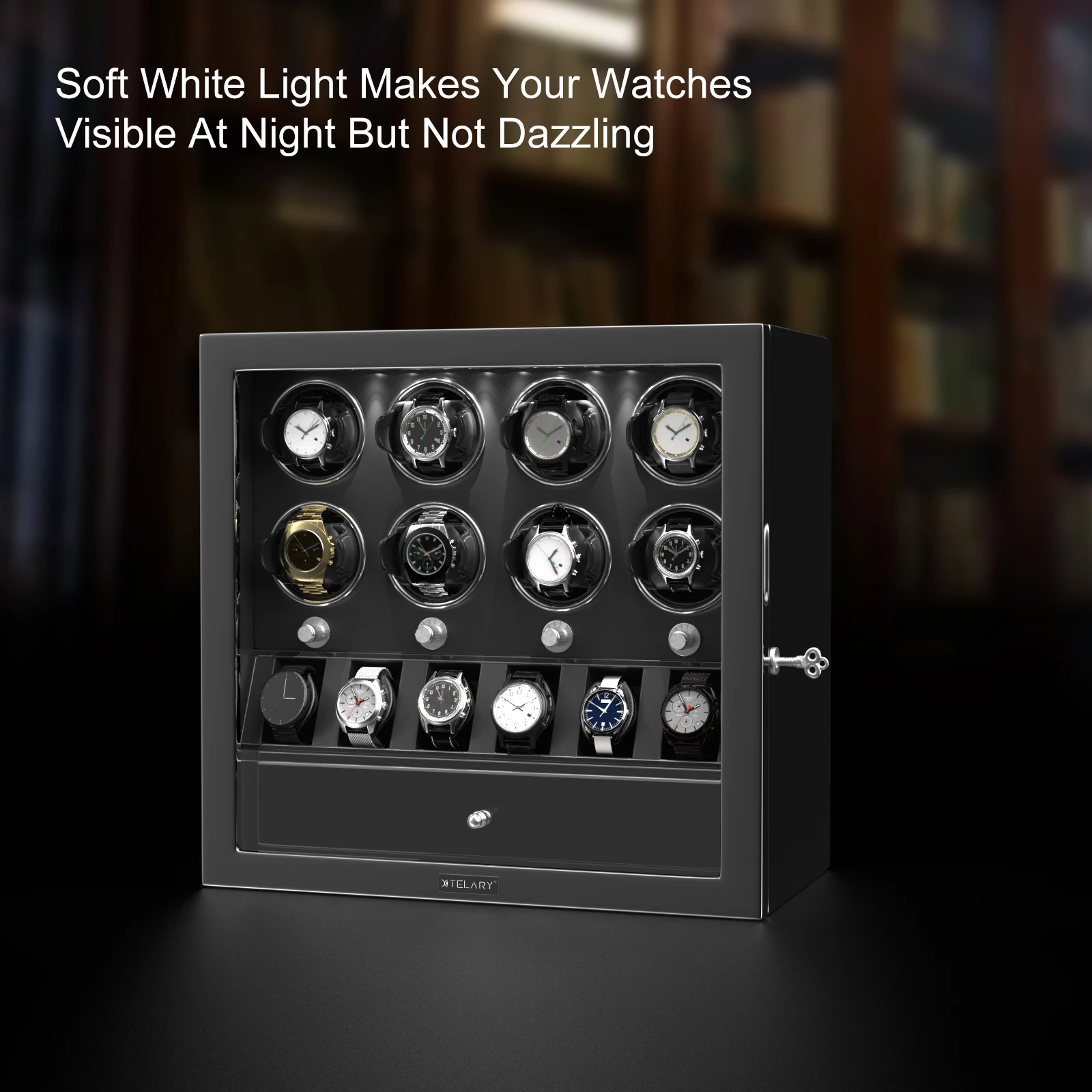 Watch Winder for 8 Automatic Watches Box with 6 Watch Storage Display Jewelry Collector Mabuchi Motor Patented Design - Black