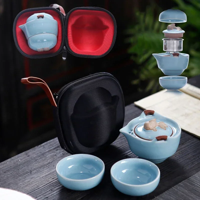 

Chinese Kung Fu Tea Set Ceramic Portable Teapot Set Outdoor Travel Gaiwan Tea Cups of Tea Ceremony Household Teacup Fine Gifts