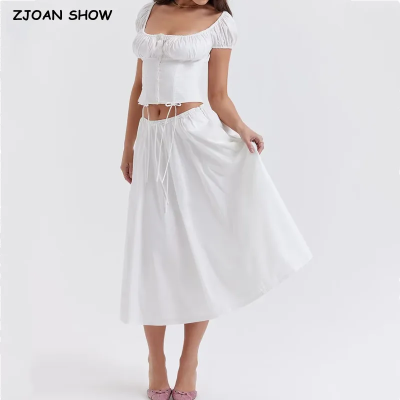 2023 Holiday White Drawstring Tie Bandage Bow Low Waist Midi Skirt Women Side Zipper Ruched Swing A-lined Skirts Boho