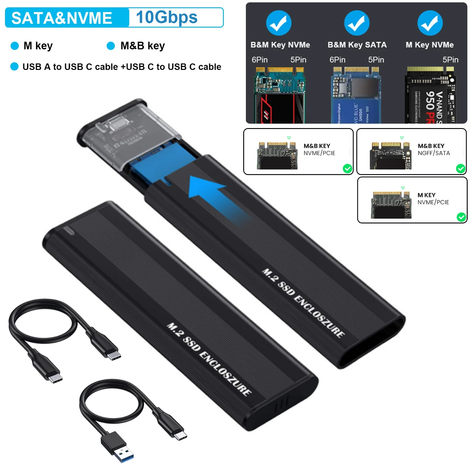 M2 SSD Case NVME Enclosure M.2 to USB 3.1 SSD Adapter Box Case for NVME  PCIE NGFF SATA M+B Key 2230/2242/2260/2280 Dual Protocol